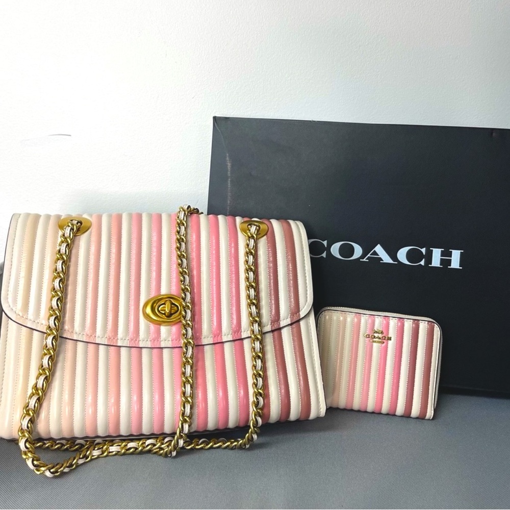 COPY - Coach Pink and Cream Striped Bag and Wallet Set